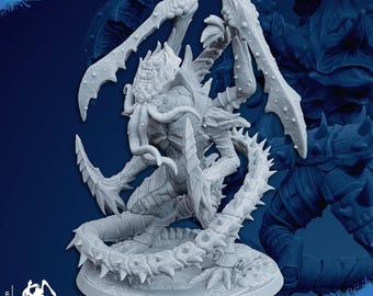 May include: A detailed, light gray 3D-printed miniature of a monstrous creature with multiple limbs, spikes, and a segmented body. The miniature is on a round base. The image includes the text "CHAMAK PATREON TRIBES" and "SUPPORTS READY".