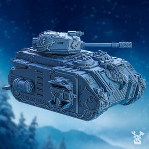 May include: A detailed, blue-grey model tank with intricate designs, including a long barrel, decorative emblems, and sculpted animal figures. The tank has a textured surface and is set against a blurred, blue background.