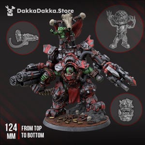 May include: A detailed miniature figure of a war machine with a green-skinned orc pilot. The figure is predominantly red and gray, with large guns and a goblin riding on top. The figure is 124 mm from top to bottom. The store name is DakkaDakka.Store.