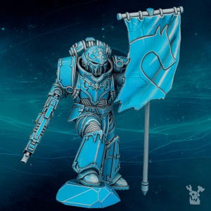 May include: A light blue miniature figure of a space marine in detailed armor, holding a banner with a stylized dragon emblem. The figure is posed on a geometric base, set against a dark blue background with a starry effect. The armor has intricate designs.