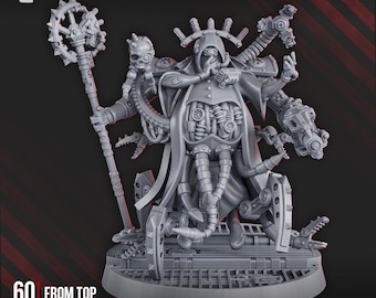 May include: A gray miniature figure of a robed character with mechanical arms and a staff. The figure is on a circular base and has the text "60 MM FROM TOP TO BOTTOM". The DakkaDakka.Store logo is in the top left corner.