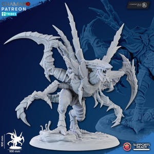May include: A detailed, light gray figurine of a creature with multiple limbs, sharp claws, and a segmented body. The figure is posed on a circular base, with a height of approximately 4 inches. The design includes intricate details and sharp edges, suggesting a fantasy or sci-fi theme.