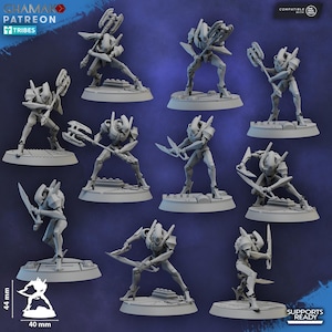 May include: A collection of gray miniature robot figurines in various action poses, each holding a weapon. The figurines are on small, square bases. The image includes the text "CHAMAK PATREON TRIBES" and dimensions of 40 mm x 44 mm.