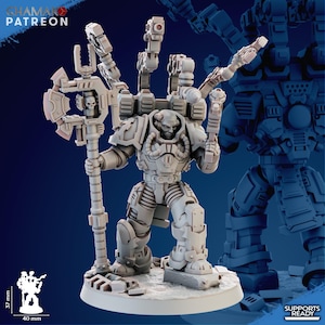 May include: A gray, detailed miniature figure of a futuristic warrior, holding a staff with a skull emblem. The figure is approximately 1.5 inches tall and 1.6 inches wide, standing on a circular base. The image includes the text "CHAMAKO PATREON".