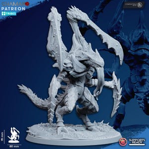 May include: A gray, detailed miniature figure of a creature with insectoid features, including large, blade-like appendages and a segmented body. The figure is approximately 3 inches tall and 3 inches wide, and is on a textured base. The image includes the text "Supports Ready".