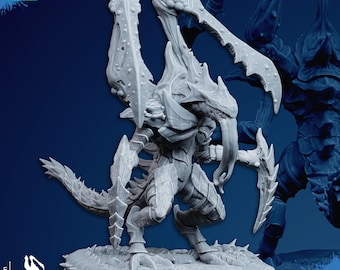 May include: A gray, detailed miniature figure of a creature with insectoid features, including large, blade-like appendages and a segmented body. The figure is approximately 3 inches tall and 3 inches wide, and is on a textured base. The image includes the text "Supports Ready".