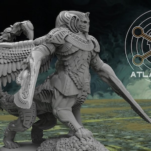 May include: A detailed gray figurine of a winged humanoid creature with a sword, set against a dark background with a planet and the text "ATLAN FORGE". The figure has intricate armor and a bird-like head.