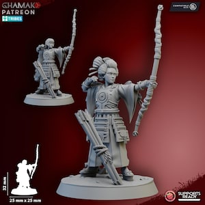 May include: A 3D-printed miniature of a female archer in traditional Japanese attire, holding a bow and arrows. The figure is in a dynamic pose, ready to shoot. The base measures 25 mm x 25 mm, and the figure is 32 mm tall.
