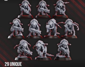 May include: A collection of gray miniature figures, each with a detailed insectoid design, displayed on black bases. The image includes the text "29 UNIQUE PARTS" and the DakkaDakka.Store logo.
