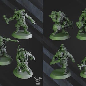 May include: A collection of green miniature figurines of Orc-like characters, each posed with weapons and gear. The figures are on circular bases, with detailed armor and weaponry, suitable for tabletop gaming or collecting.