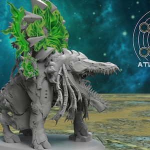 May include: A gray, detailed figurine of a creature with a reptilian head, spiky back, and green, glowing accents. The figurine is on a base, with the text "ATLAN FORGE" and a logo in the background.