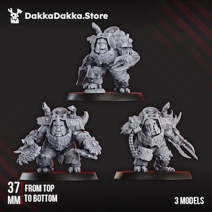 May include: Three gray miniature figures of armored creatures, each on a black base. The figures are 37 mm tall. The top left corner of the image has the text "DakkaDakka.Store". The bottom of the image has the text "3 MODELS".