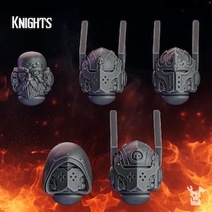 May include: A set of five grey miniature gaming heads, including one bearded head with a cybernetic eye and four armored helmets with vertical antennae. The text KNIGHTS is printed in white in the upper left corner of the image.