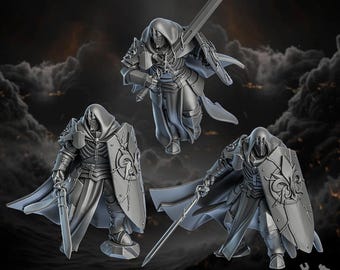May include: Three gray miniature figures of armored warriors, each holding a sword and shield. The figures are in dynamic poses, with one appearing to float. The background is a dark, cloudy sky.