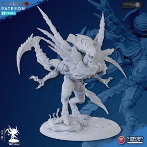 May include: A detailed, white, 3D-printed miniature of a creature with multiple limbs, sharp claws, and a segmented body. The figure stands on a circular base, approximately 4.3 inches tall and 3.9 inches wide. The image includes the text "GHAMAK PATREON TRIBES".