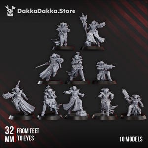 May include: A collection of ten gray miniature models, each standing on a black base. The models are of various characters, some holding weapons. The text "32 mm from feet to eyes" is visible. The DakkaDakka.Store logo is in the top left corner.