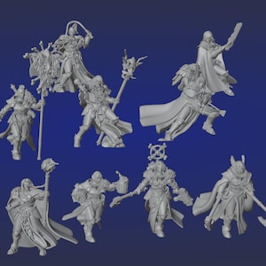May include: A collection of eight gray miniature fantasy figures, each in dynamic poses. The figures include warriors and mages, some with capes, weapons, and staffs. The figures are set against a blue background.