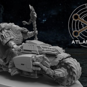 May include: A detailed, gray 3D-printed model of a futuristic motorcycle with a rider. The motorcycle has large, textured tires and is heavily armored. The image includes the text "ATLAN FORGE" and a circular logo.