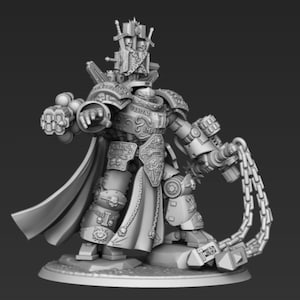 May include: A detailed grayscale figurine of a heavily armored warrior, featuring ornate designs and a large weapon. The figure has a cape and a crown-like structure on its head, with a chain weapon in one hand.