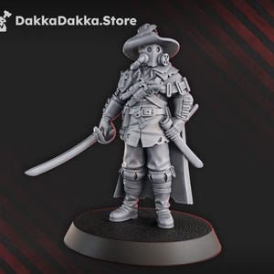 May include: A gray figurine of a plague doctor with a wide-brimmed hat, gas mask, and sword. The figure is wearing a long coat, belt, and boots. The base is black, and the background is dark red. The text "DakkaDakka.Store" is in the upper left corner.