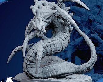 May include: A detailed, gray, 3D-printed monster figurine with multiple limbs and a segmented body. The figurine is on a round base. The image includes the text "CHAMAKO PATREON TRIBES" and "SUPPORTS READY". The figurine measures 120x92 mm and is 115 mm tall.