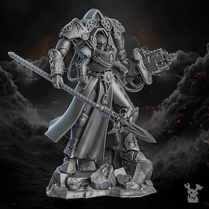 May include: A detailed, gray figurine of a futuristic warrior in ornate armor, holding a spear and a weapon. The figure stands on a rocky base, with a hooded helmet and a flowing cloak. The design features intricate mechanical details and a skull emblem.