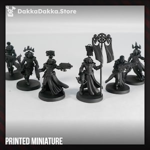 May include: A collection of black, printed miniature figurines. The figures are standing on black circular bases and are wearing armor and carrying weapons. The text "PRINTED MINIATURE" is at the bottom of the image, and the text "DakkaDakka.Store" is at the top.