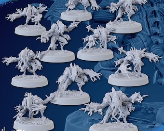 May include: A collection of gray miniature fantasy figures, each depicting a monstrous creature with multiple limbs and a detailed, textured surface. The figures are mounted on round bases. The image includes the text "CHAMAK PATREON TRIBES" and measurements of 28 mm and 28.5 mm.