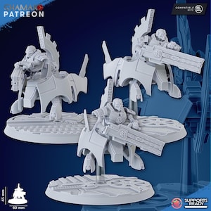 May include: Three gray miniature figures of futuristic soldiers with large weapons, mounted on circular bases. The figures are approximately 43 mm tall and 60 mm wide. The image includes the text "CHAMAKO PATREON" and "SUPPORTS READY".