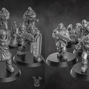May include: A collection of miniature figurines depicting futuristic soldiers in detailed armor, each posed on a black circular base. The figures are armed with various weapons and equipment, creating a dynamic and action-oriented scene.