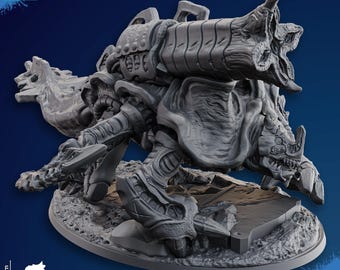 May include: A detailed, gray, 3D-printed miniature of a bio-mechanical creature. The model features intricate armor plating, multiple legs, and a large, weapon-like structure on its back. The base measures 120x90 mm, and the height is 90 mm.