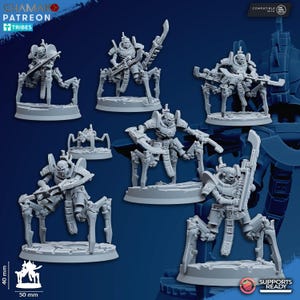 May include: A collection of gray miniature robot figures, each with a unique design and weapon. The figures are on circular bases and are approximately 40 mm tall and 50 mm wide. The image includes text that says "Supports Ready".