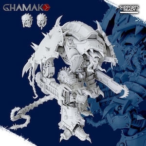 May include: A detailed, white 3D-printed model of a war machine with a large chainsaw, spikes, and mechanical components. The model includes two detached head pieces and the text "GHAMAKO" in the upper left corner. The words "SUPPORTS READY" are in the upper right corner.