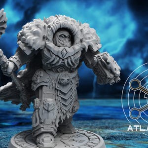 May include: A detailed, gray miniature figure of a warrior, holding a large hammer. The figure is heavily armored with fur accents and intricate detailing. The background features a stormy sky and the "ATLAN FORGE" logo.