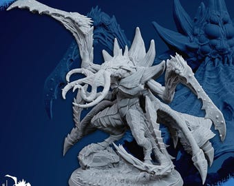 May include: A gray, detailed miniature figure of a creature with multiple limbs, a spiky head, and a textured body. The figure is on a round base. The image includes the text "CHAMAK PATREON TRIBES" and "SUPPORTS READY". The figure is approximately 70 mm tall and 60 mm wide.