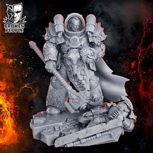 May include: A gray, detailed miniature figure of a warrior in ornate armor, holding a large hammer and a skull-shaped object. The figure stands on a rocky base with a fallen soldier. The logo "BROKEN PEOPLE" is in the upper left corner.