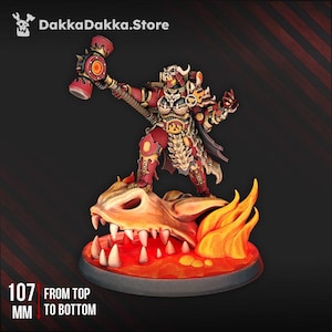 May include: A detailed figurine of a warrior in red and gold armor, wielding a large hammer. The figure stands atop a dragon skull base with flames. The figurine measures 107 mm from top to bottom.