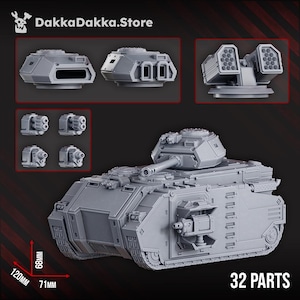 Puede incluir: Un modelo de tanque de plástico gris con varios componentes modulares. El tanque mide 12 cm de largo, 7,1 cm de ancho y 6,8 cm de alto. Componentes adicionales incluyen torretas y lanzamisiles. La imagen incluye el texto "DakkaDakka.Store" y "32 PARTS".