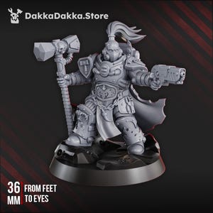 May include: A gray miniature figure of a warrior in armor, holding a large hammer and a pistol. The figure is on a round base. The text "36 MM FROM FEET TO EYES" is visible. The DakkaDakka.Store logo is in the top left corner.