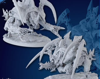 May include: Two white, detailed miniature figures of a creature with sharp claws and a segmented body. The figures are on a base that resembles a rocky terrain. The figures are labeled as "Supports Ready" and "Compatible with One Page Rules".