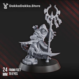 May include: A gray miniature figure of a hooded character holding a staff and two curved blades. The figure is 24 mm from feet to eyes. The base is black, and the background is dark red. The DakkaDakka.Store logo is in the top left corner.
