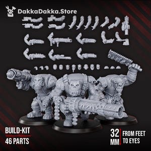 May include: A gray plastic build-kit with 46 parts, including three figures and various weapons. The figures are approximately 32 mm tall from feet to eyes. The DakkaDakka.Store logo is in the top left corner.
