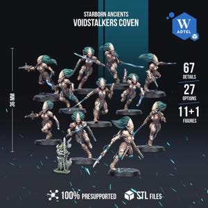May include: A set of 11+1 Starborn Ancients Voidstalkers Coven miniature figures with 36 mm height. The figures feature pale armor, teal hair, and various weapons including swords and pistols. The set includes 67 details and 27 options as STL files.