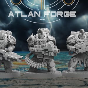 May include: Three gray miniature figures of armored soldiers, each holding a large weapon. The figures are on a gray surface, with the text "ATLAN FORGE" above them against a stormy background.