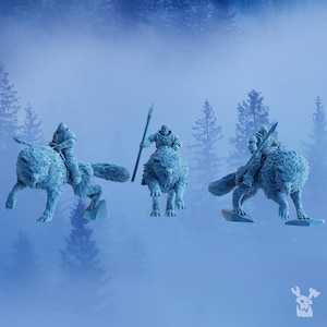 May include: Three light blue miniature figurines of armored figures riding wolf-like creatures. Each figure holds a weapon, with one holding a spear. The background features a blurred forest scene, creating a fantasy theme.