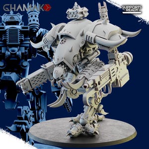 May include: A detailed, light gray model of a bipedal war machine with large horns, multiple weapons, and intricate mechanical details. The model is on a circular base, with a second, darker model visible in the background. The text "GHAMAKO" and "SUPPORTS READY" are visible.