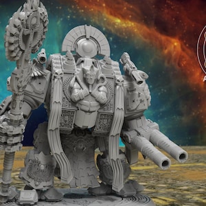 May include: A detailed, gray 3D-printed model of a futuristic war machine. It features intricate armor, a large weapon, and dual cannons. The model has a detailed design with the text "ATLAN FORGE" in the background.