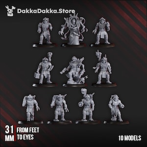 May include: A collection of ten detailed miniature models, each standing on a black base. The figures are gray and feature intricate armor and equipment. The text "31 mm from feet to eyes" and "10 models" is visible.