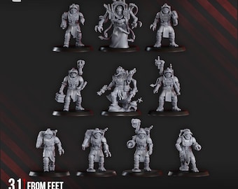 May include: A collection of ten detailed miniature models, each standing on a black base. The figures are gray and feature intricate armor and equipment. The text "31 mm from feet to eyes" and "10 models" is visible.