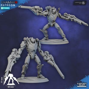 May include: Two grey sci-fi robot miniatures standing on circular bases. Each figure features a sleek armored chassis, a helmeted head, and dual long-barreled weapons attached to the arms. A diagram shows the height as 77 mm and base as 60 mm.